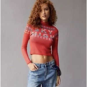 Urban Outfitters BDG Shauna Sky High Jacquard Sweater Size Small Red Cropped